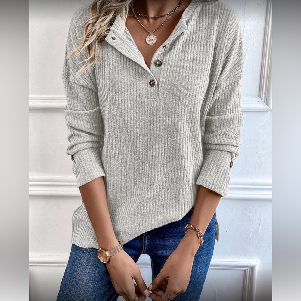 Light Gray Ribbed Henley Sweater - Picture 1 of 6
